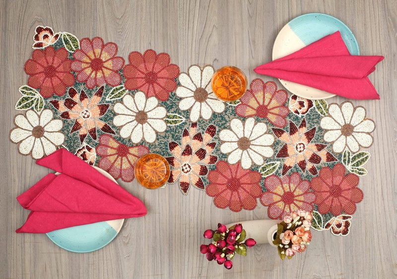 Light & Pro Lightnpro Beaded Table Runner - Elegant Handmade Floral Design - Decorative Table Accent for Dining, Weddings,, Everyday Use & Special Party Occasions - 13x36 Inch - Maroon Combo - Image 3